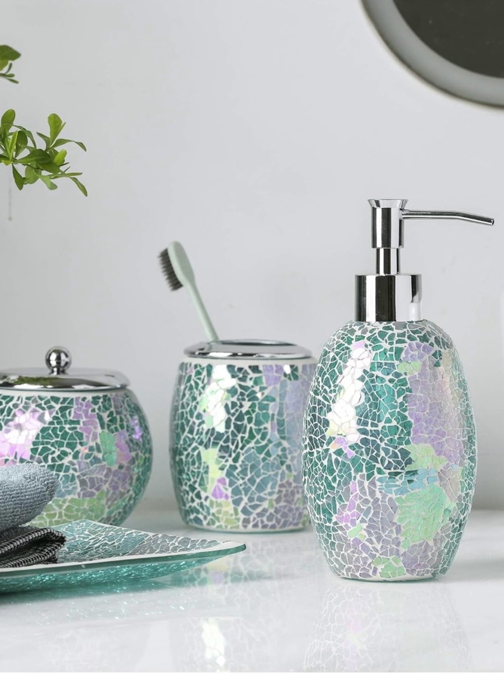 Iridescent Teal/Green Mosaic Glass - Elegant Bathroom Set